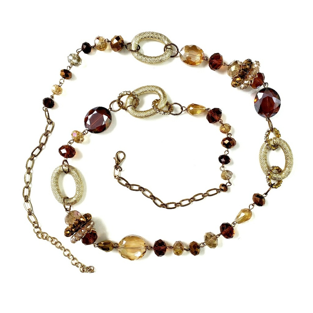 Long Retro 80s Beaded Gold Tone Crystal Necklace